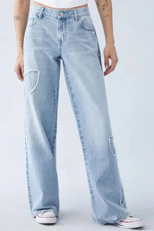 Vintage Wide-Leg Denim with Bow Embroidery