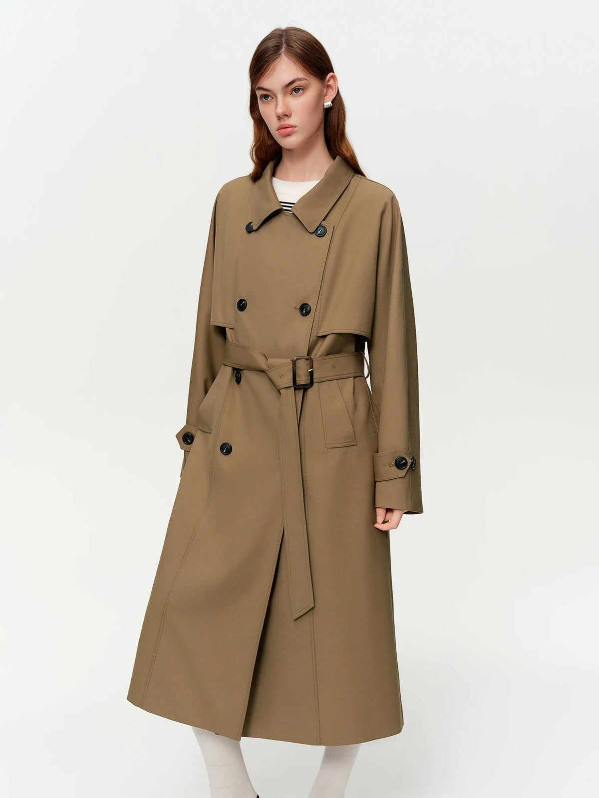 Women’s Khaki Double-Breasted Trench Coat Classic Long Fit