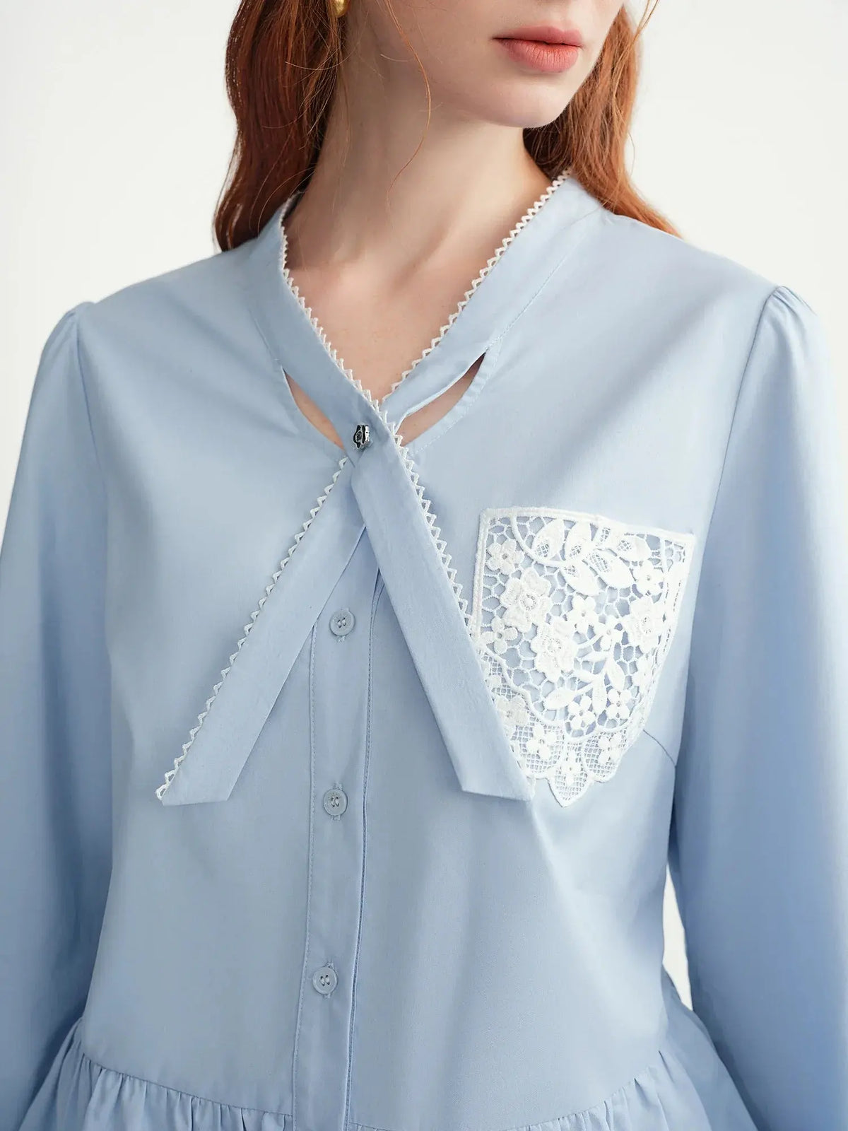 Women's Plus-Size Relaxed Winter Shirt with Lace Collar & Patch Pocket