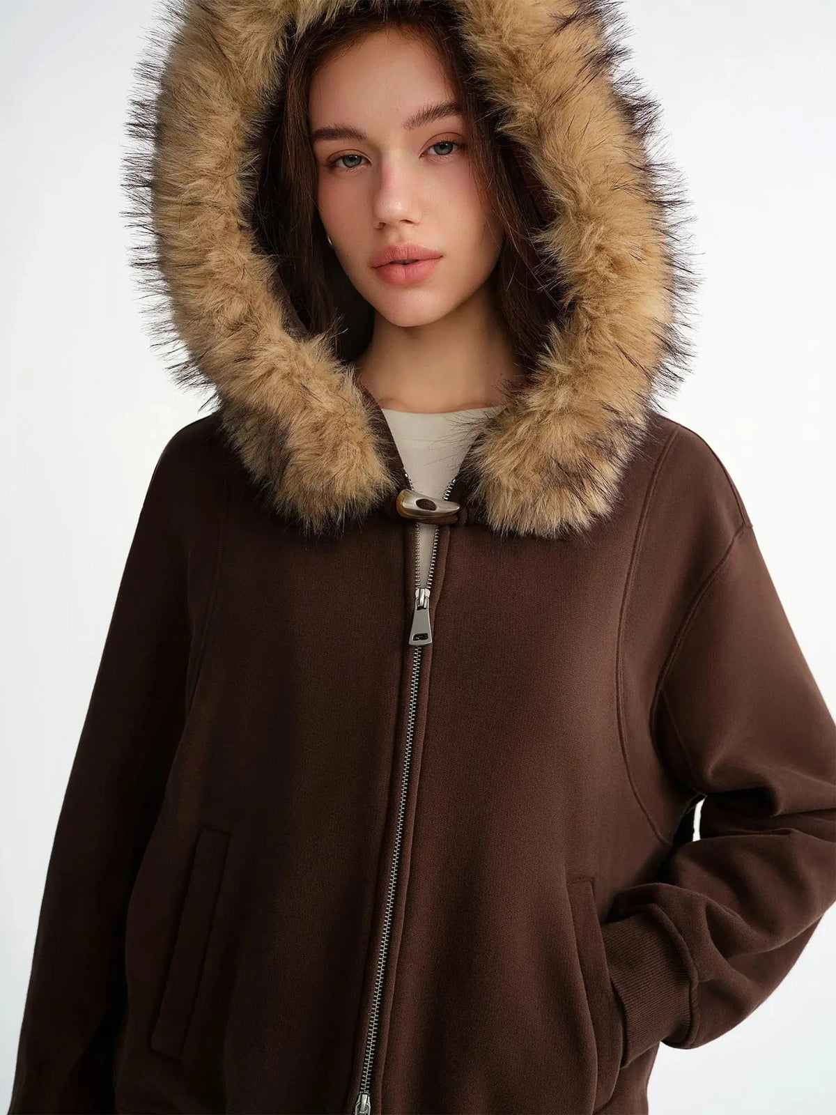 Chic Plus Size Jacket with Detachable Fur Hood