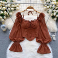 Halter Backless Blouse with Ruffle Flare Sleeves