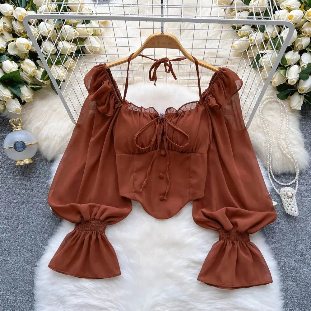 Halter Backless Blouse with Ruffle Flare Sleeves
