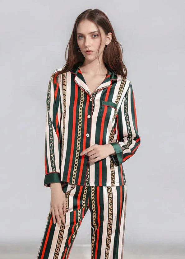 Luxury Mulberry Silk Pajamas Striped Long Sleeve Set