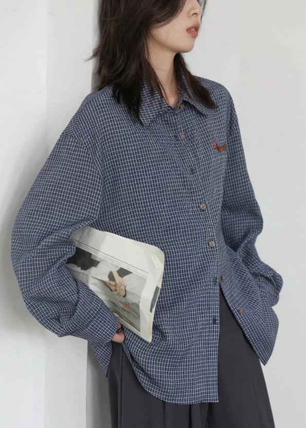 Retro Plaid Embroidered Blouse Loose Casual Long Sleeve