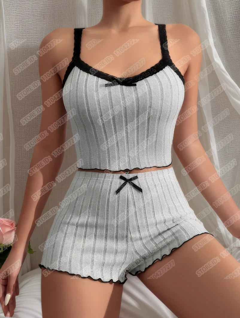Women's Pajama Suit Suspender Sexy Butterfly Knot Strap Top Shorts Two Piece Set Comfortable Home Wear Spring Summer Sleepwear