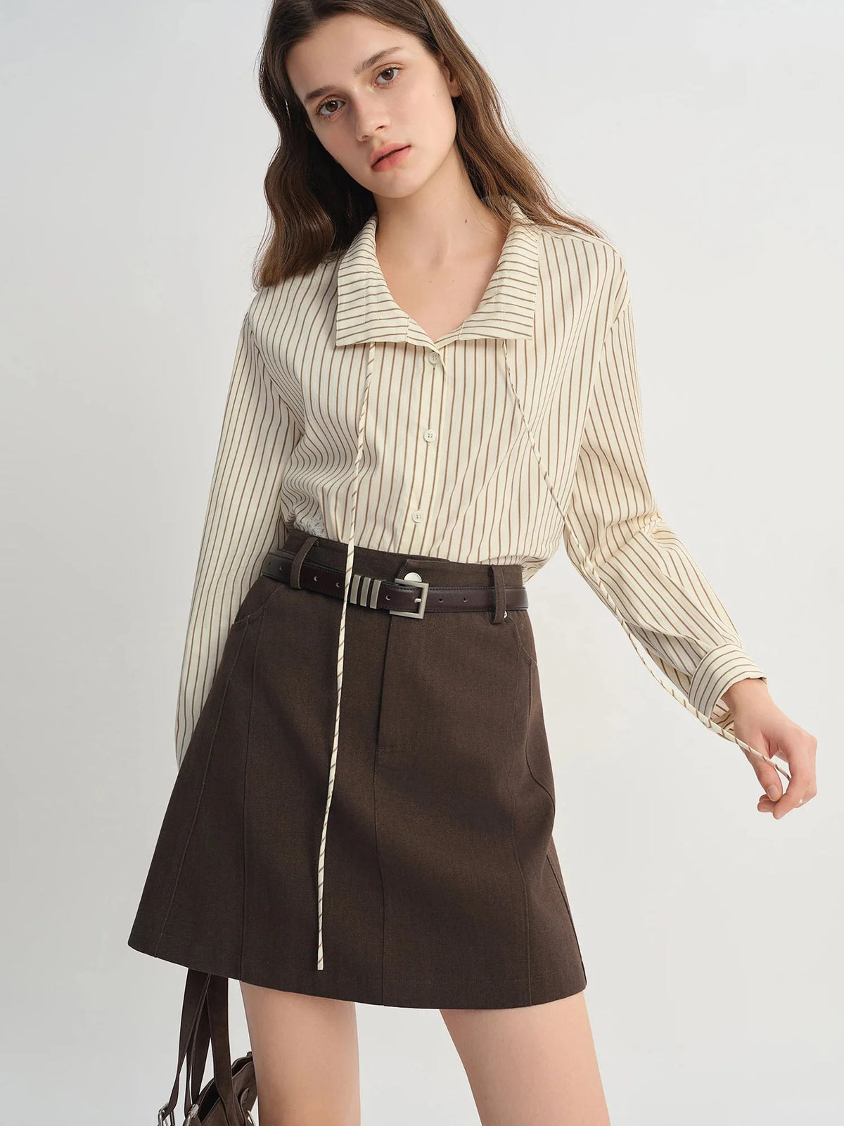 Plus Size Striped Ribbon Shirt Chic Lace Patch Autumn