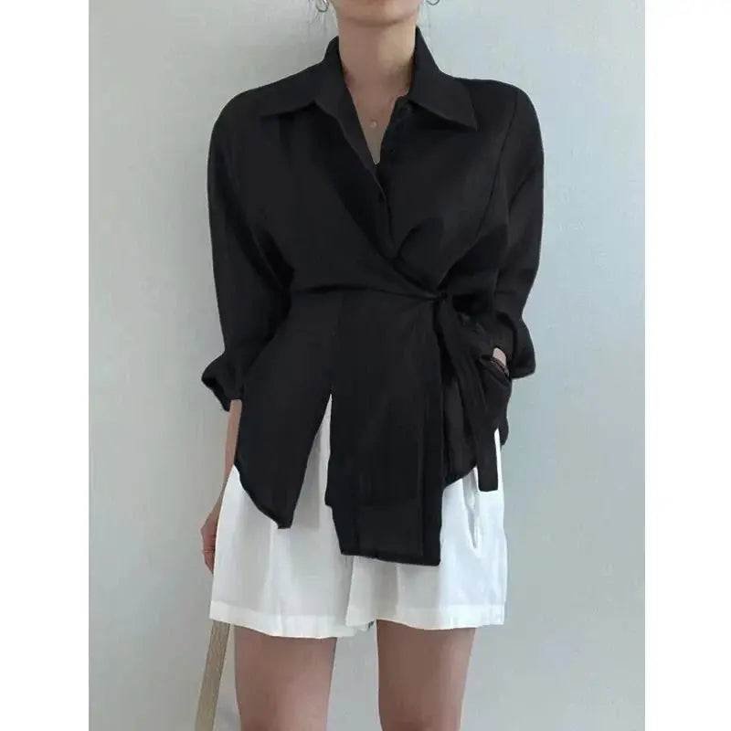 Chic Long Sleeve Button-Down Shirt with Asymmetrical Hem