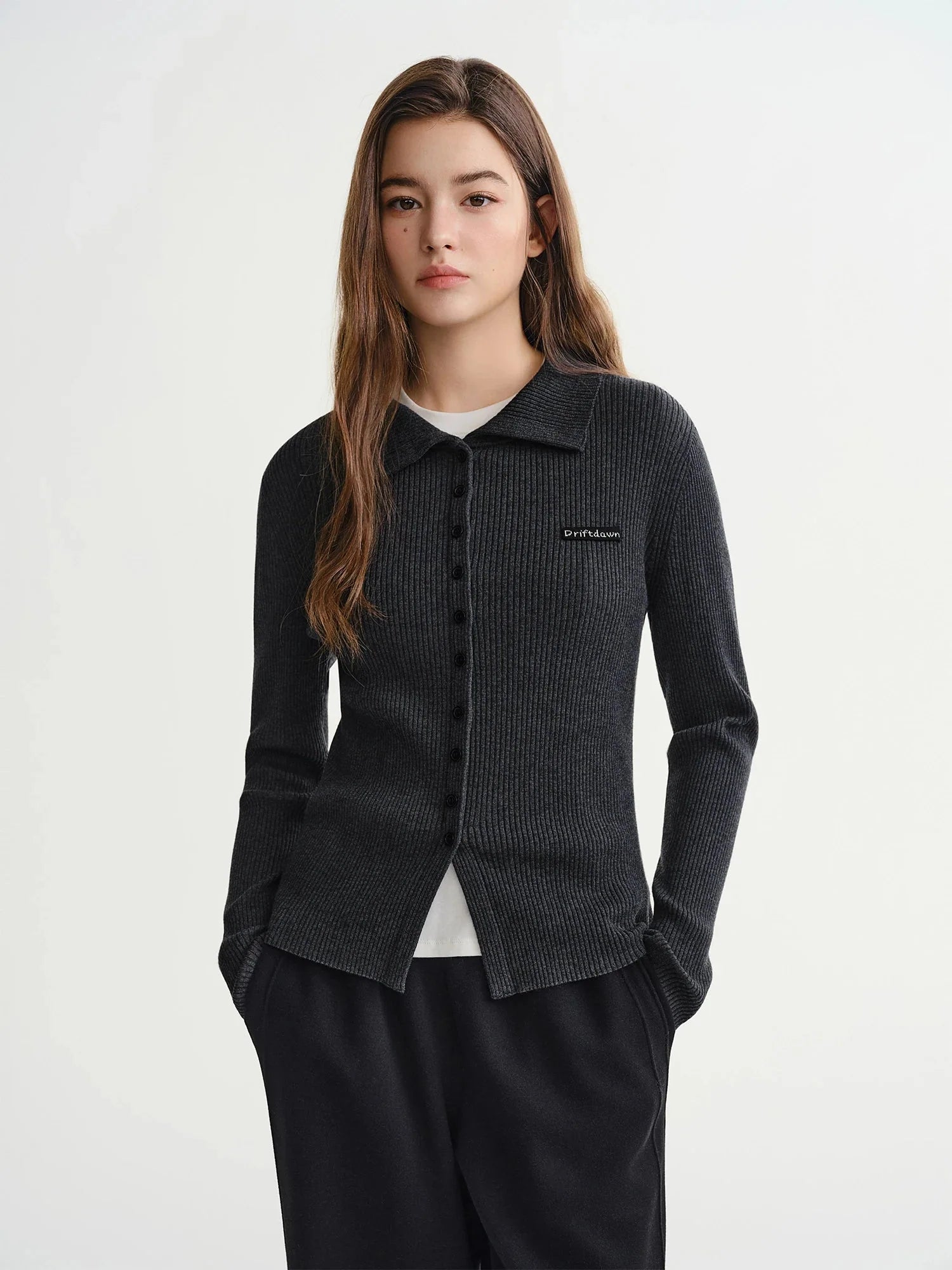 Slim-Fit Lapel Cardigan Ribbed Long Sleeve Fall Top