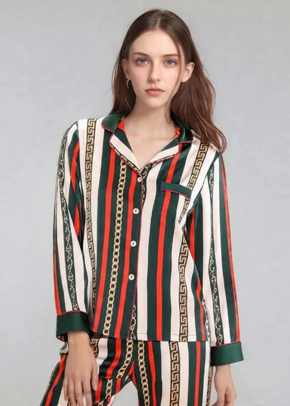 Luxury Mulberry Silk Pajamas Striped Long Sleeve Set