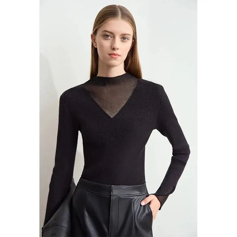 Elegant Sheer-Panel Turtleneck
