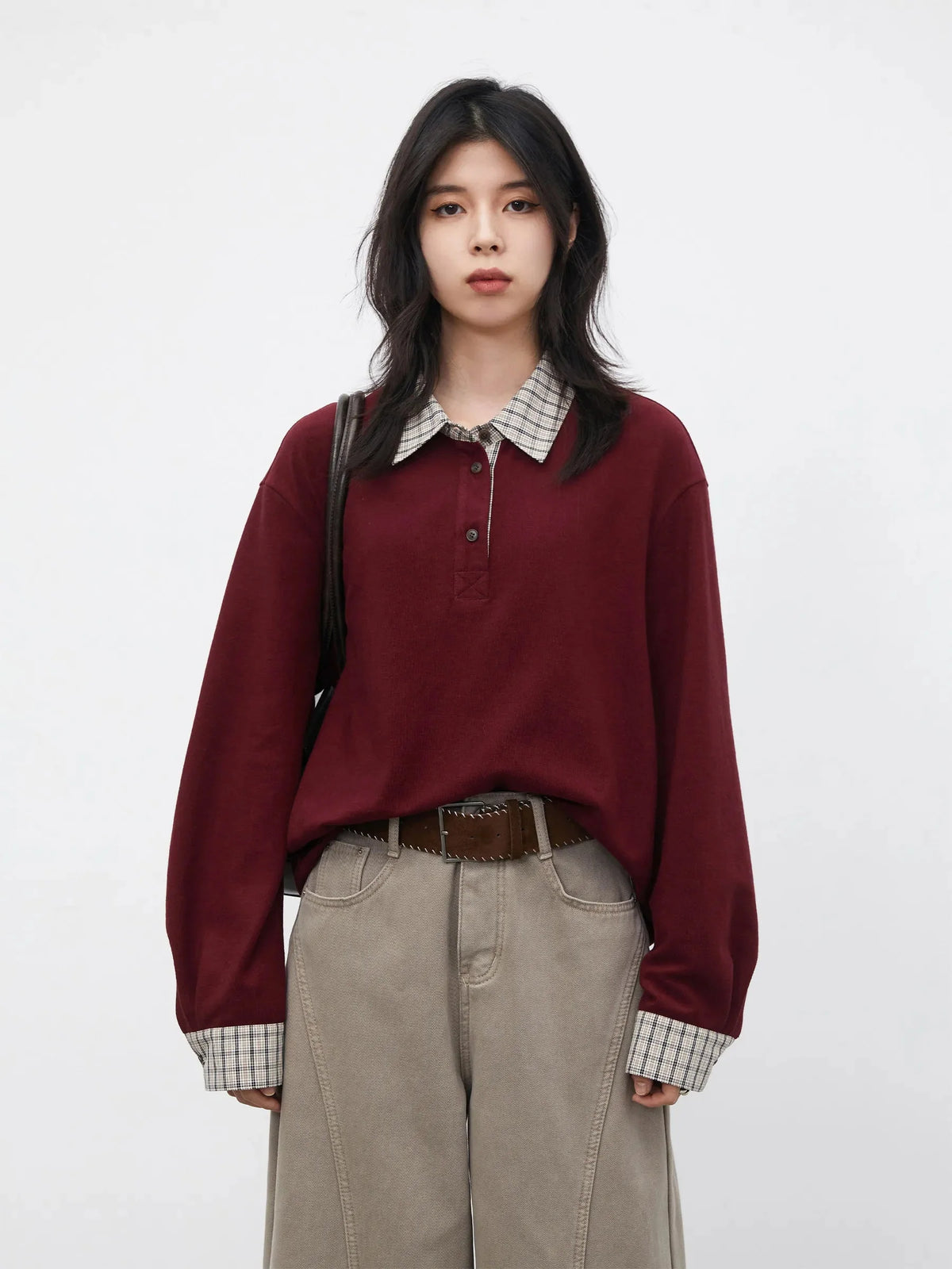 Color Block Plaid T-Shirt  Loose Casual Long Sleeve