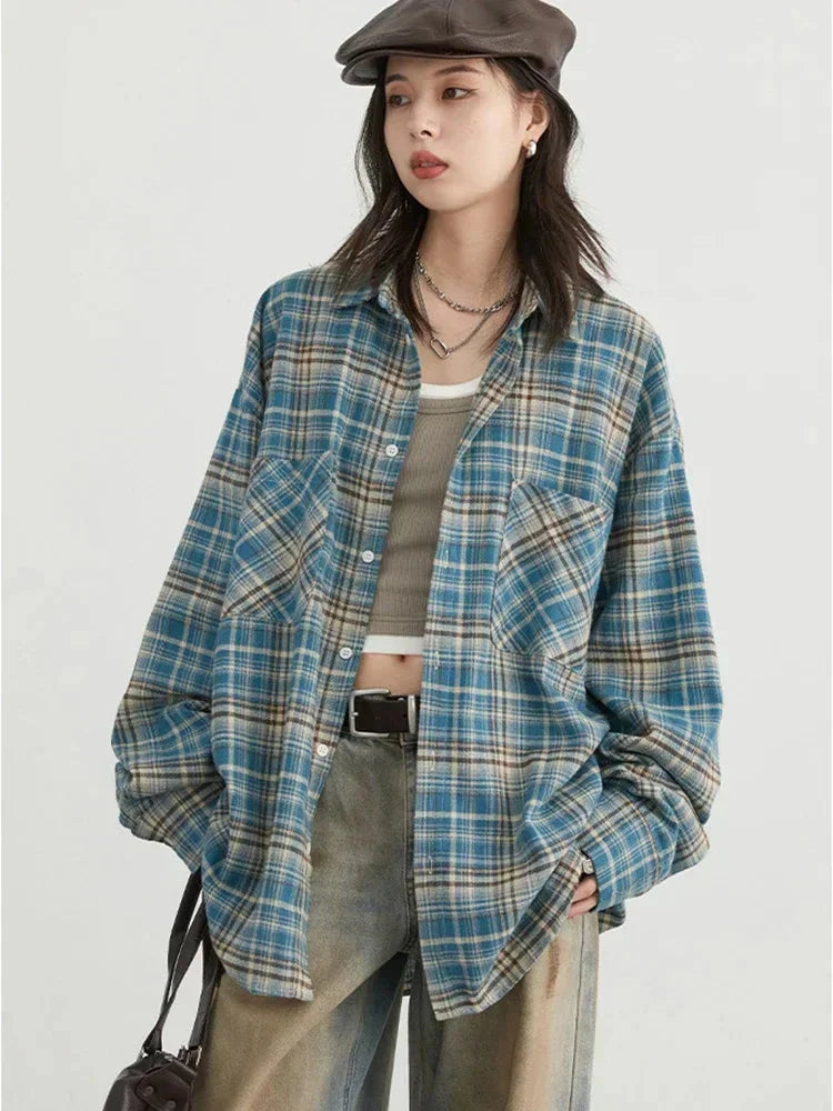 Retro Color Block Grid Cotton Shirt Loose Fit Blouse
