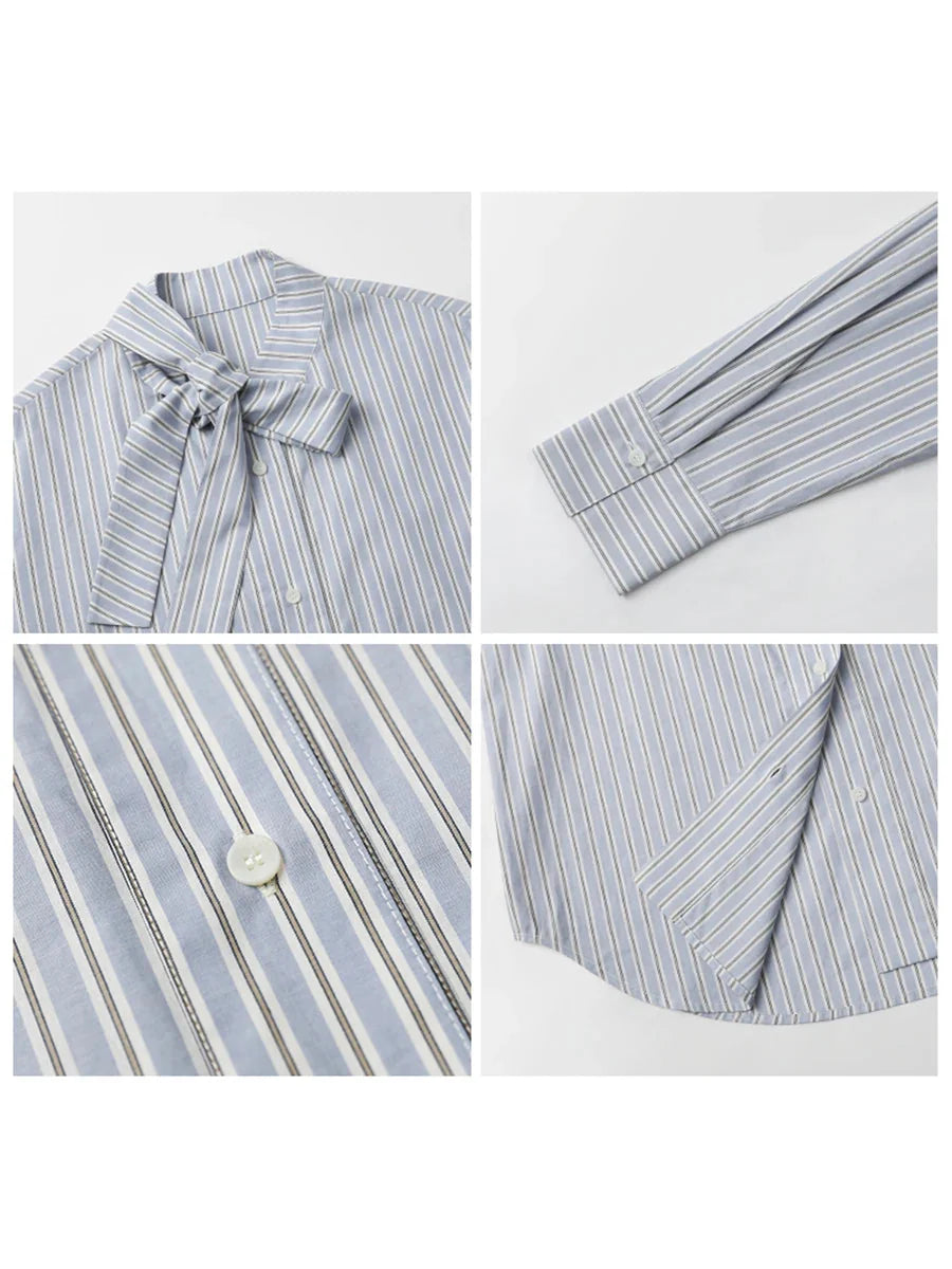 Blue Striped Bow Tie Blouse Cotton Casual Shirt