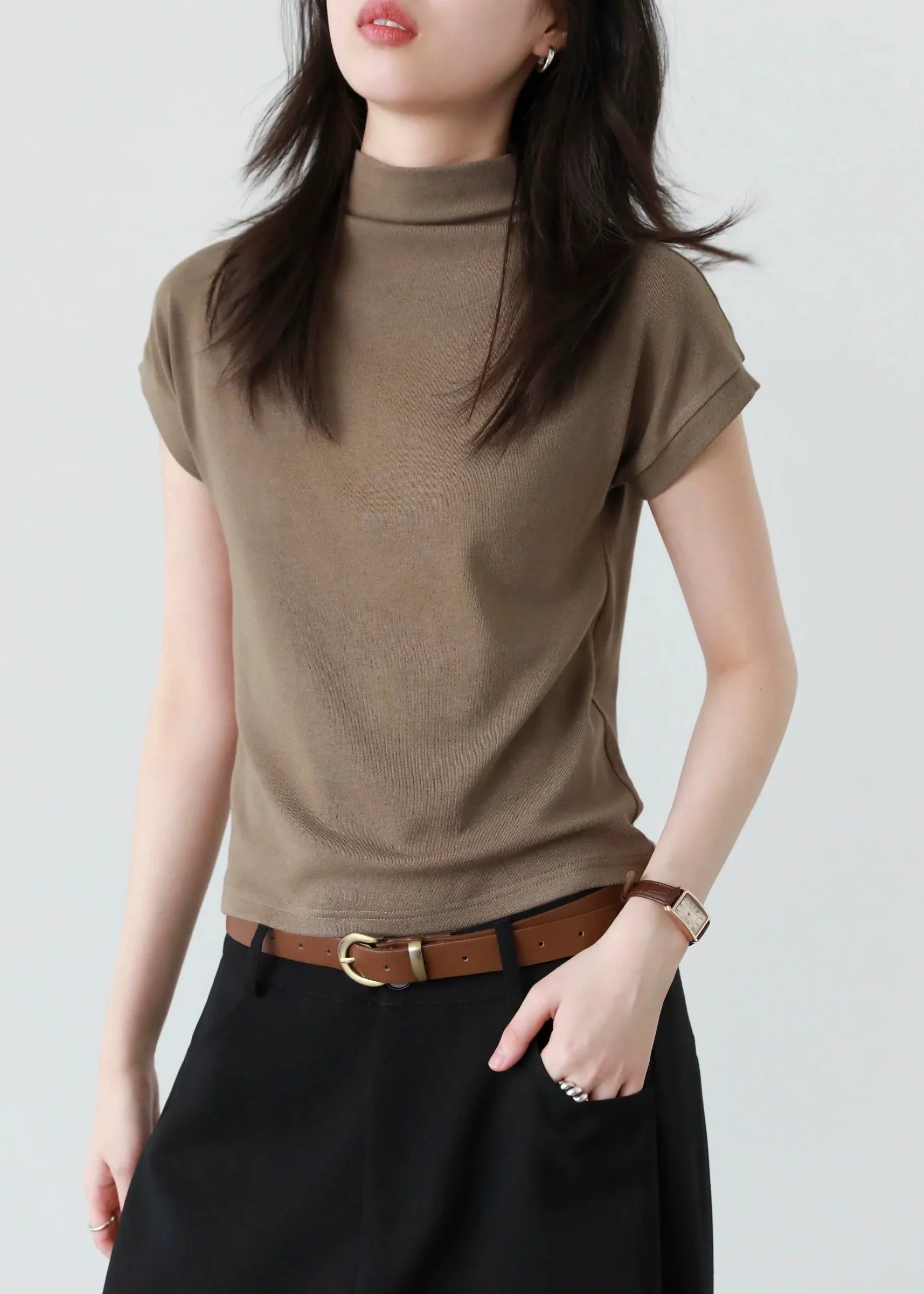 Slim Fit Half High Neck T-Shirt Elastic Basic Tee