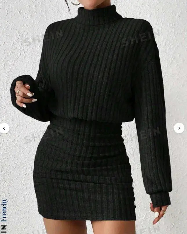 Long Sleeve High-Neck Midi Sweater Dress