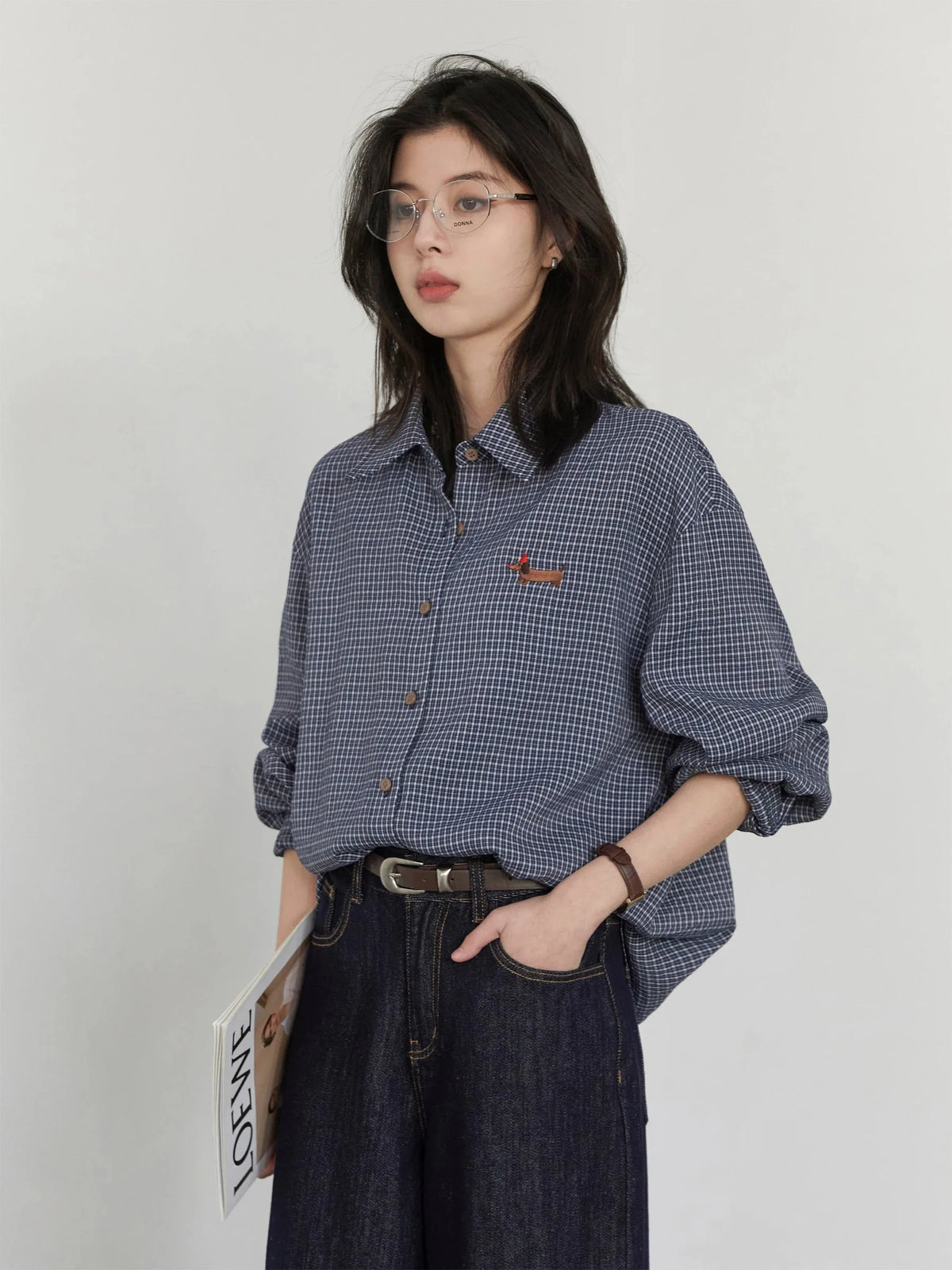 Retro Plaid Embroidered Blouse Loose Casual Long Sleeve