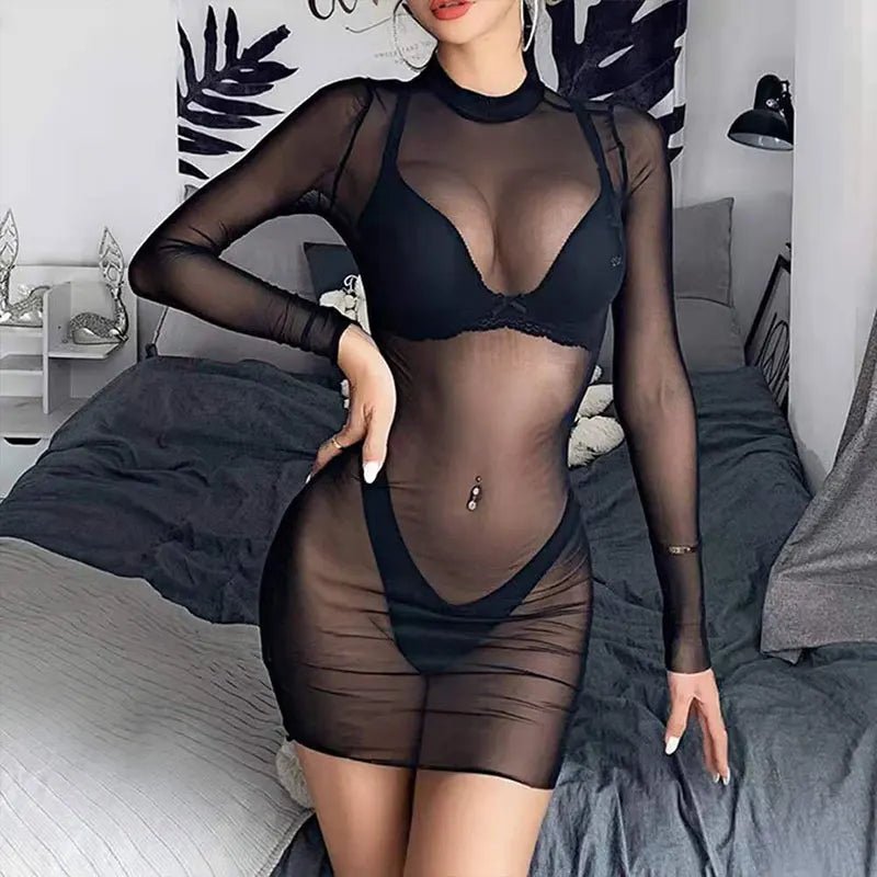 Women Lingerie Erotic Bra Nightdress Gothic Mesh Black Long Sleeve Skinny Bodysuit Club Brief Underwear Transparent Dress Set