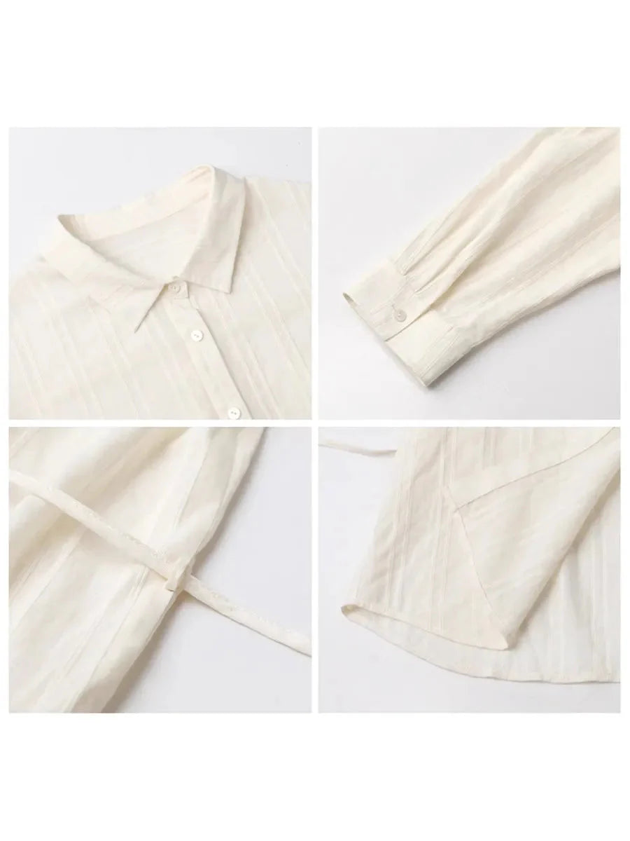Textured Striped Waist Shirt Long Sleeve Summer Blouse