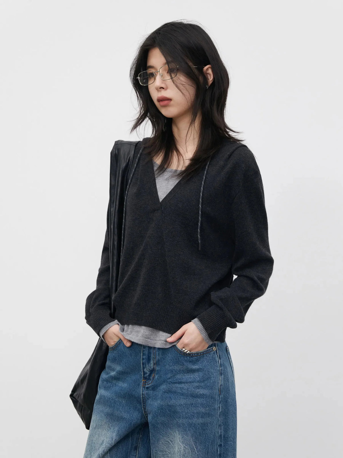Casual Contrast Color Hooded Pullover - Loose Knit Sweater