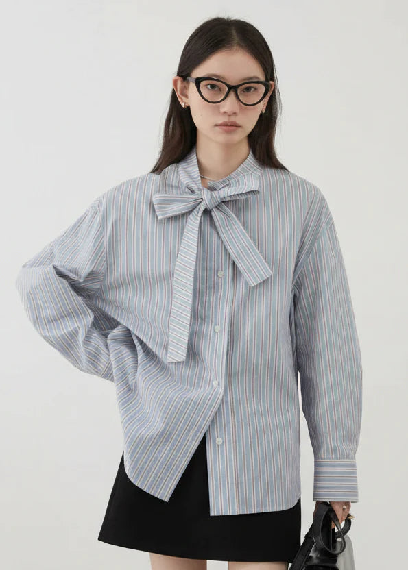 Blue Striped Bow Tie Blouse Cotton Casual Shirt