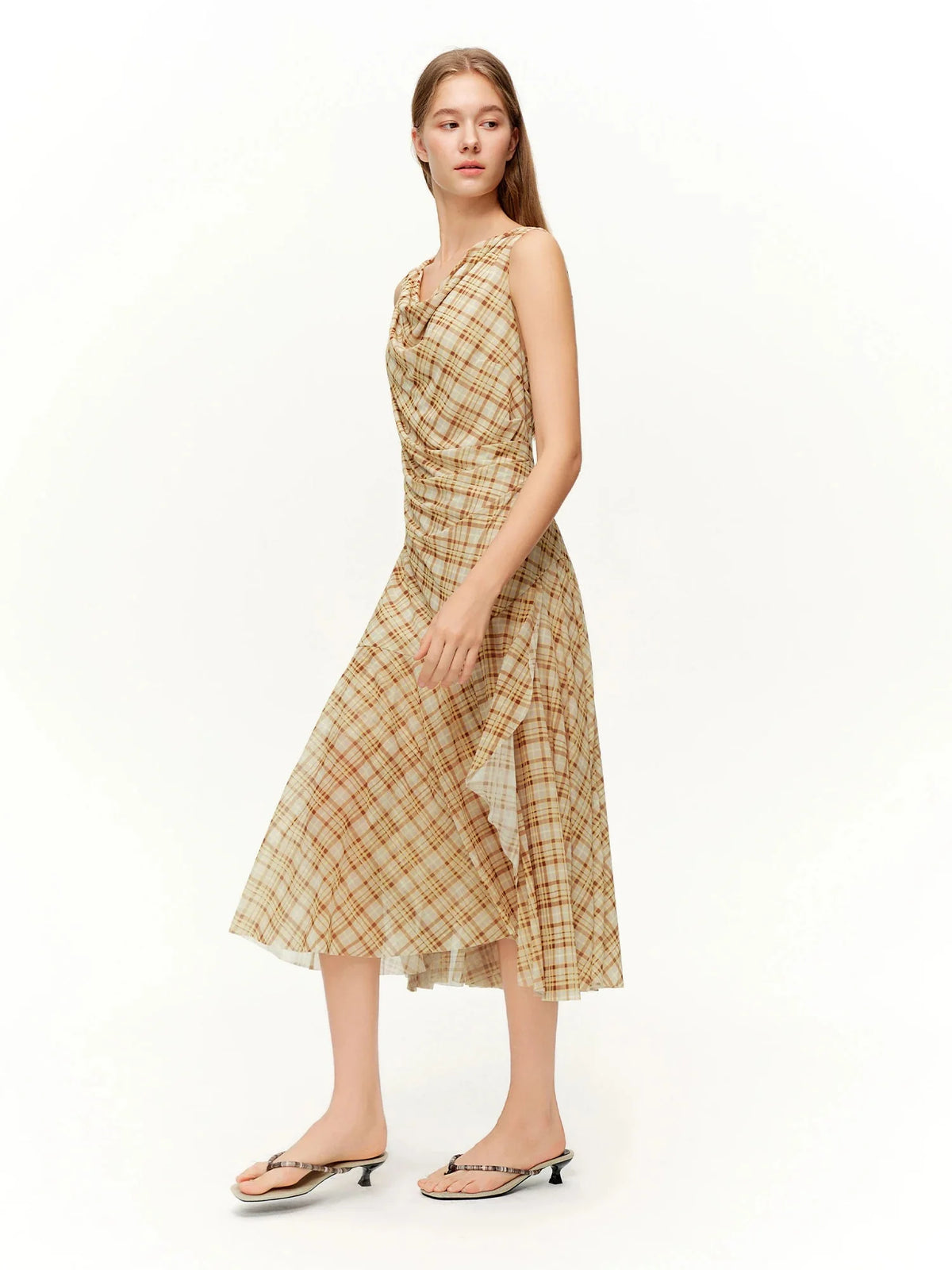 Brown Retro Plaid Mesh Maxi Dress Romantic Style