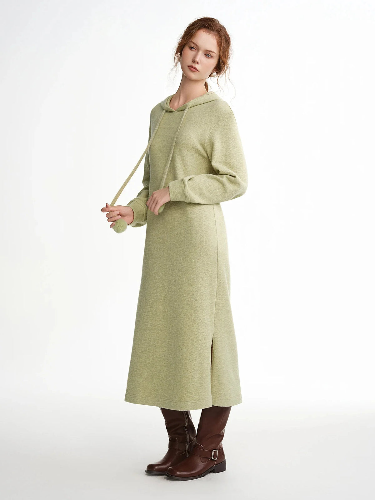 Hooded Knit Dress Drawstring Waist Winter Tunic