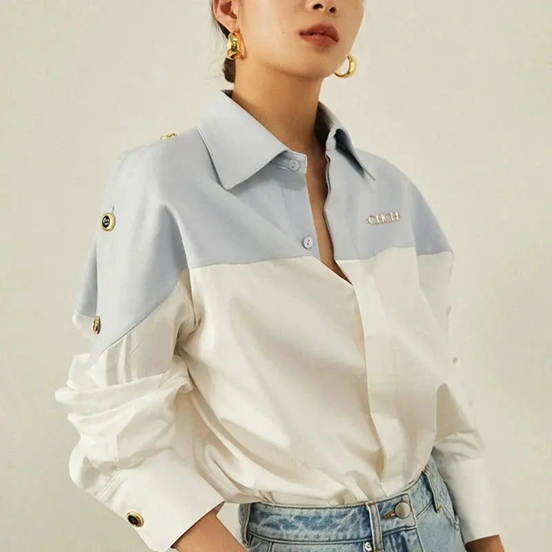 Contrast Patchwork Long-Sleeve Blouse