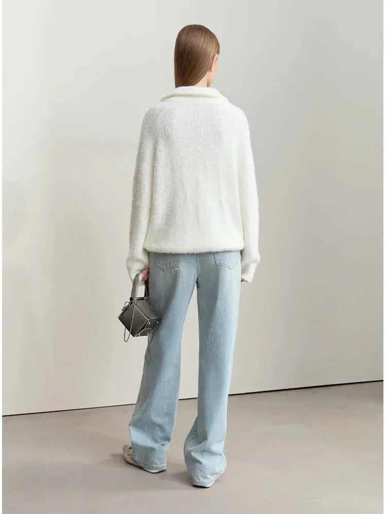 Women's Loose Fit Turtleneck Sweater with Quarter-Zip