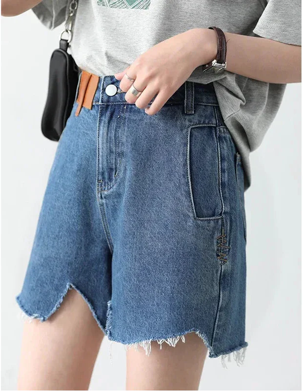 High-Waisted Retro Denim Shorts Irregular Cut Blue Jeans