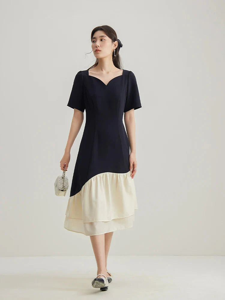 Contrast Fishtail Party Dress Short Sleeve Summer Style
