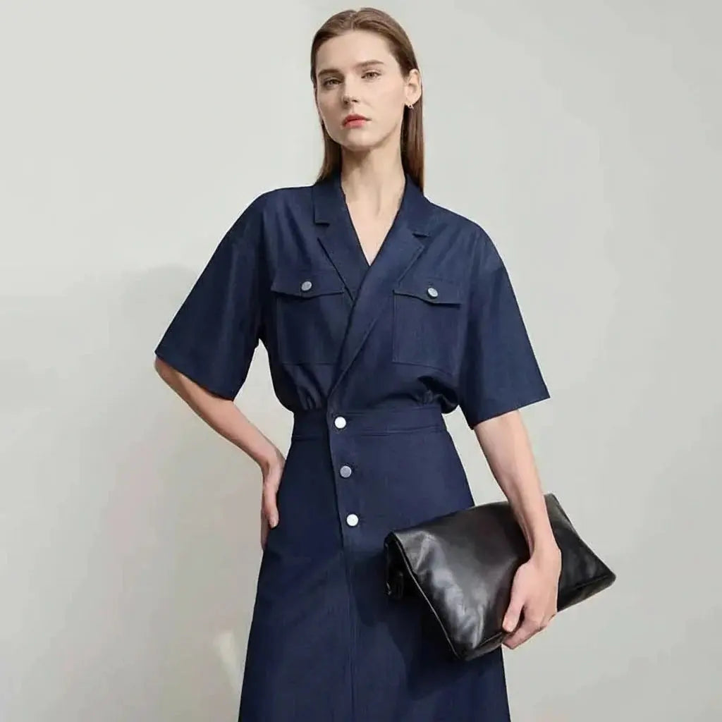Draped Flip-Neck Denim Shirt Dress