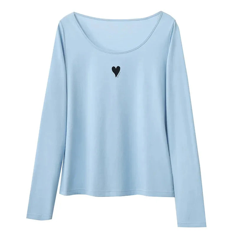 U-Neck Contrast Print Tee Long Sleeve Cotton Basic