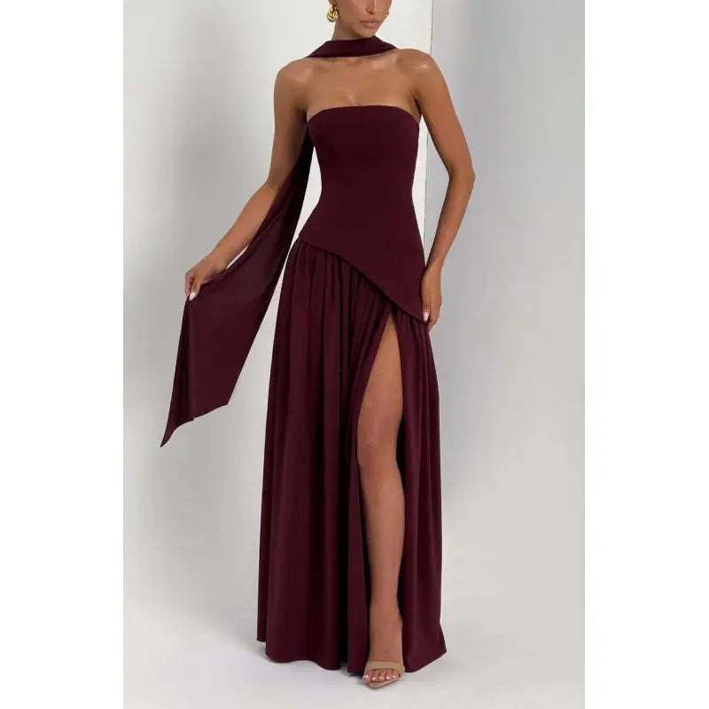 Sleek Solid Tube Top Maxi Dress with High Slit