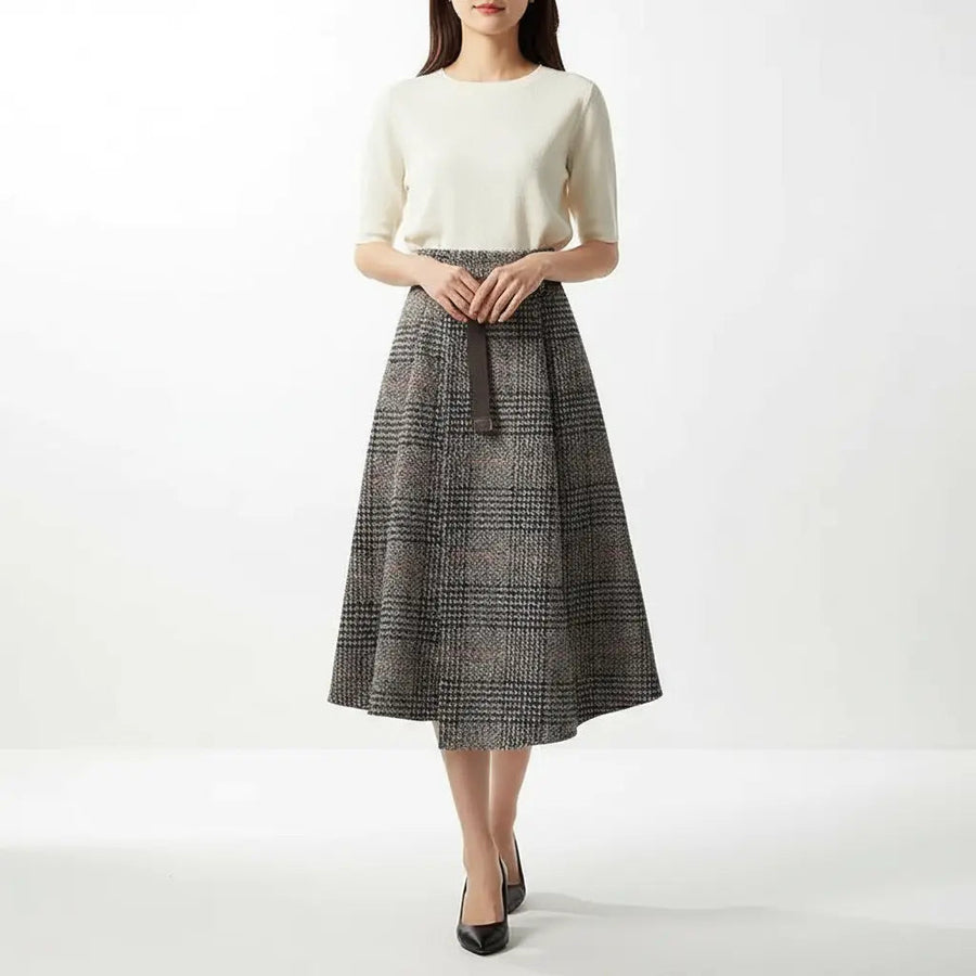 Irregular Hem Wool-Blend Plaid Midi Skirt