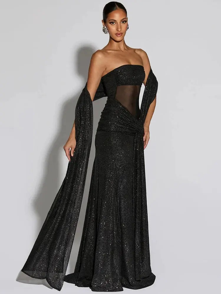 Sparkle Strapless Ruched Long Party Dress
