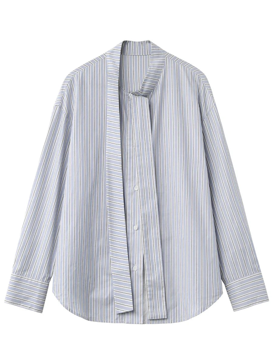 Blue Striped Bow Tie Blouse Cotton Casual Shirt
