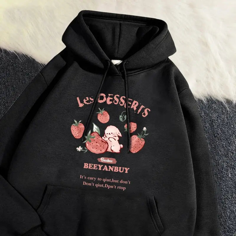 Adorable Rabbit & Strawberry Print Women's Hoodie for Cozy Days