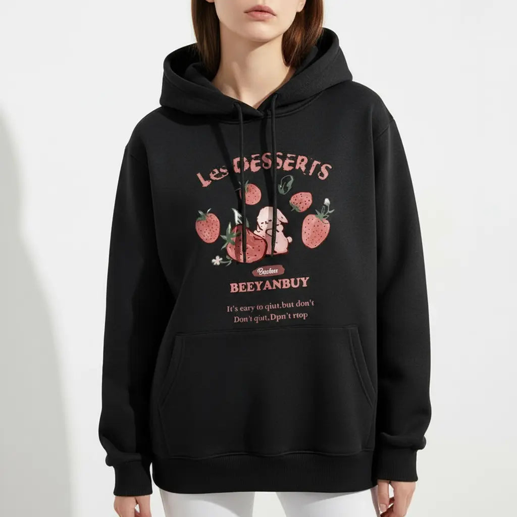 Adorable Rabbit & Strawberry Print Women's Hoodie for Cozy Days