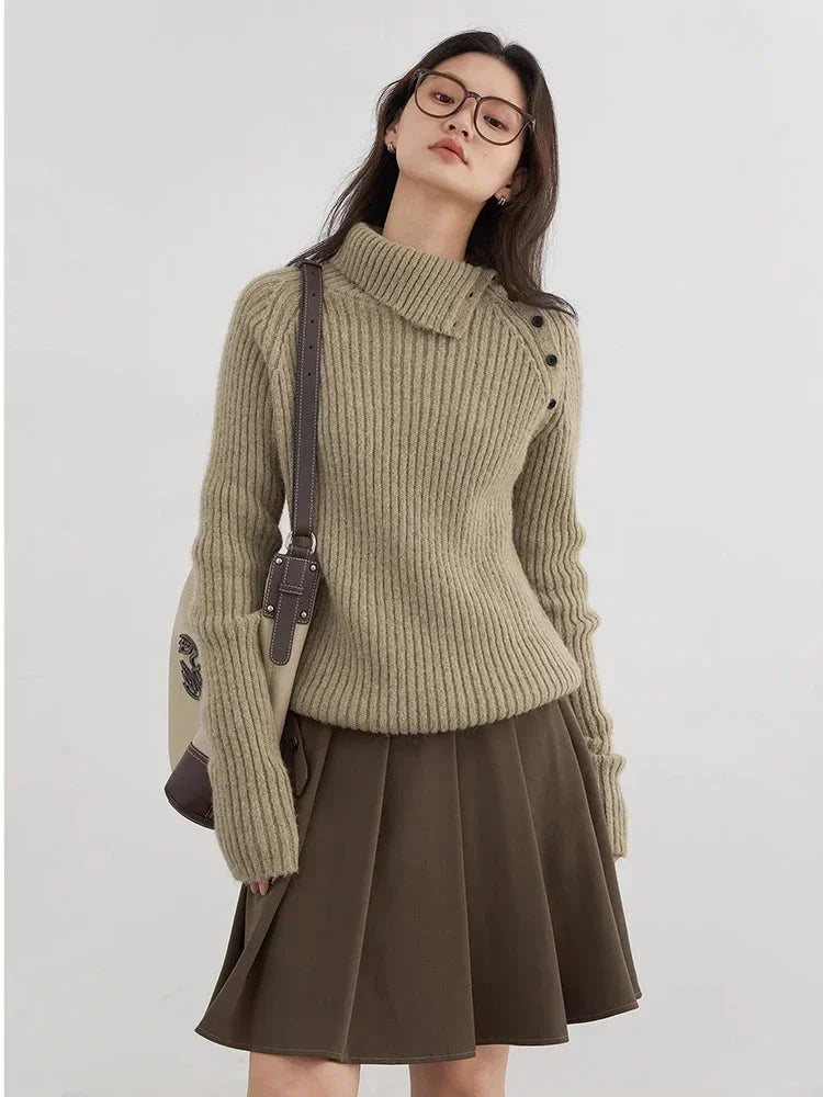 Slanted Collar Knit Sweater Loose Autumn Jumper