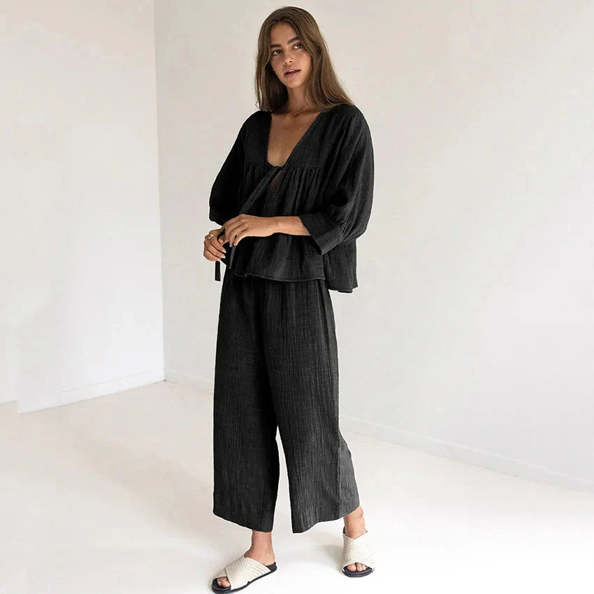 Women's Pajamas Cotton 2-Piece Set V-Neck