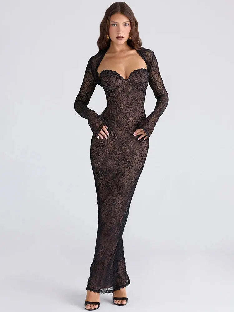 Lace Long Sleeve Backless Split Bodycon Dress