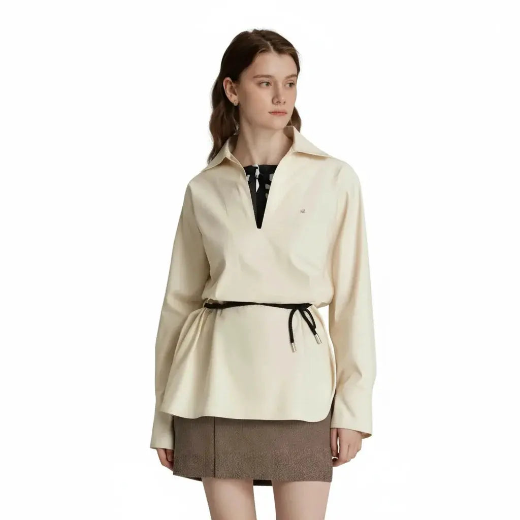 Beige V-Neck Long-Sleeve Commuter Top