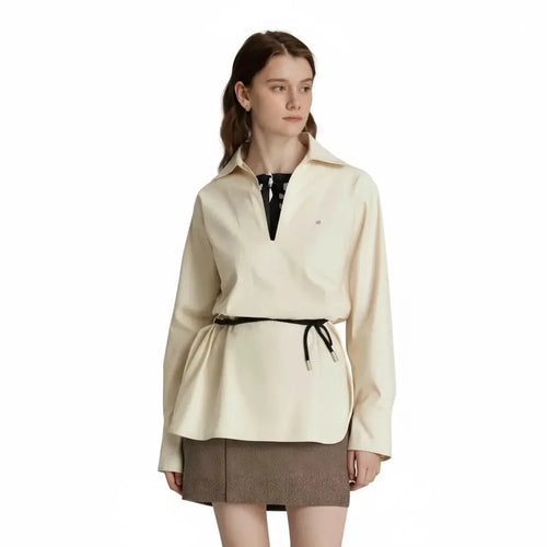 Beige V-Neck Long-Sleeve Commuter Top