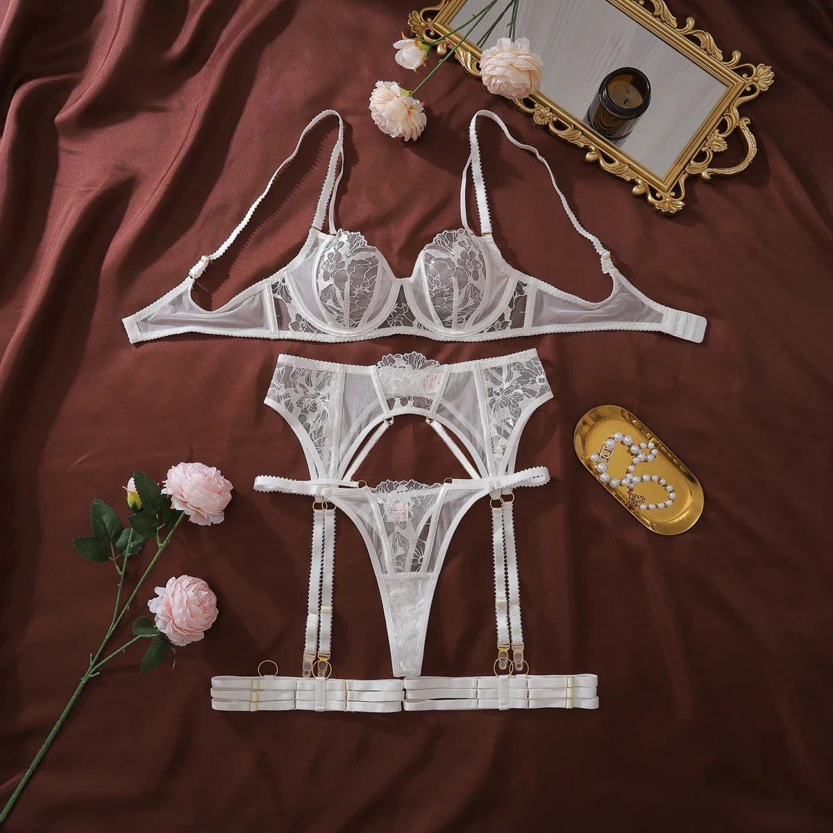 Ellolace Willowy Sexy Female Lingerie Intimate See Through Embroidered 3PC Set with Leg Circles Exclusive Erotic Miss Underwear