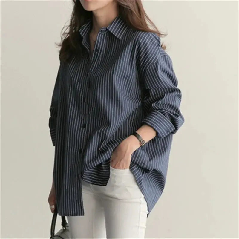 Korean-Style Loose Fit Striped Shirt for Women