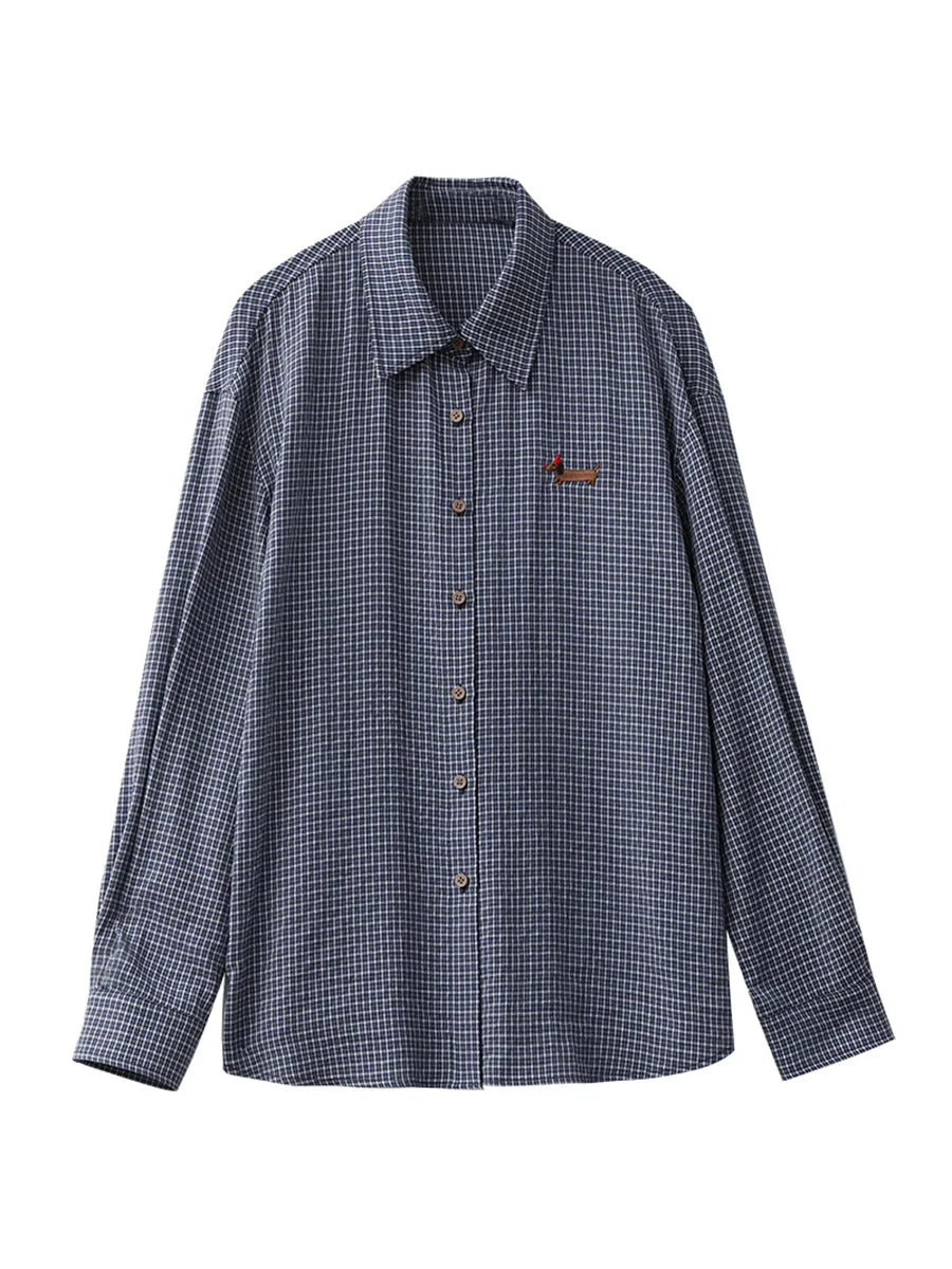 Retro Plaid Embroidered Blouse Loose Casual Long Sleeve