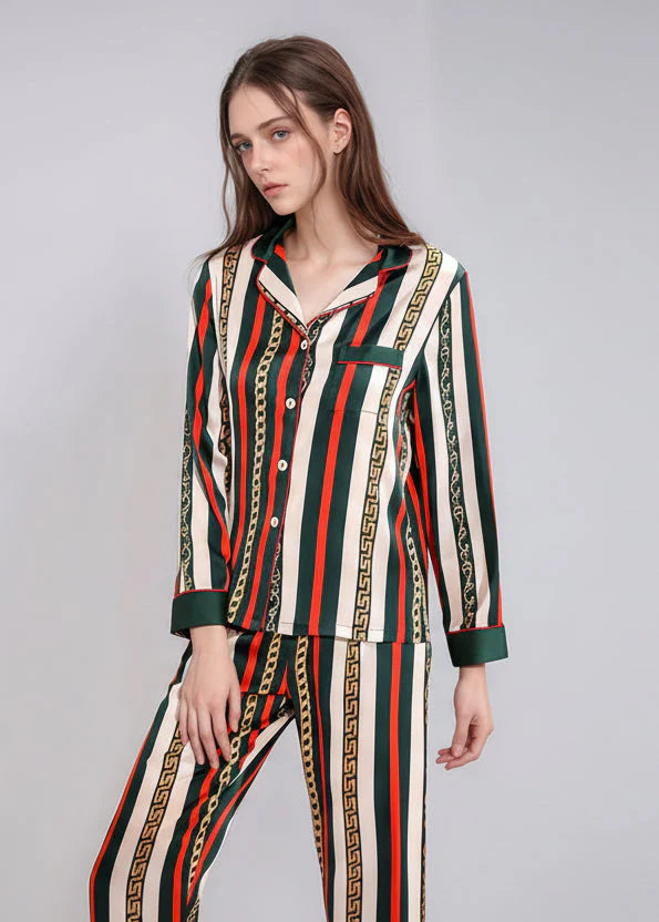 Luxury Mulberry Silk Pajamas Striped Long Sleeve Set