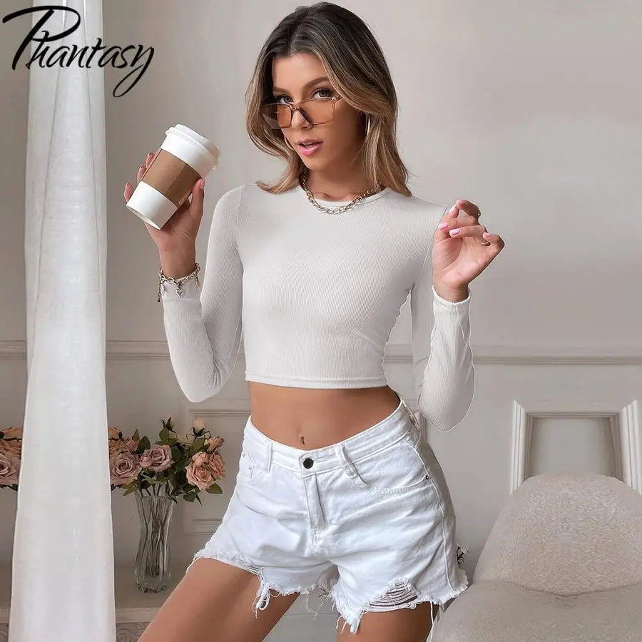 Phantasy Women's Ribbed Knit Tops Sexy O-Neck Solid Color Backless Long Sleeve T-Shirt Casual Style Vintage Clothing Vestido