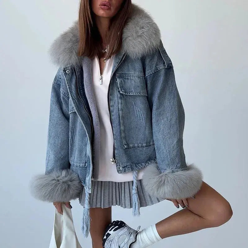 Light Blue Denim & Fur Winter Coat