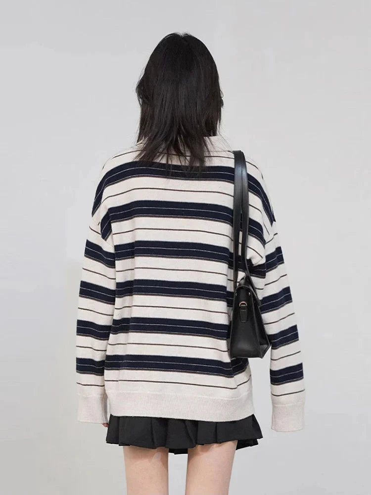 Striped Polo Collar Sweater Casual Knit Pullover